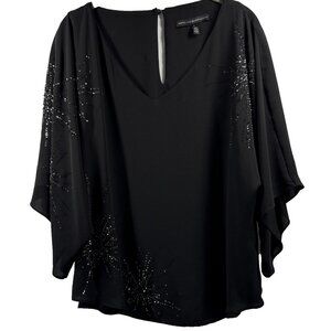 White House Black Market Blouse L Black Beaded Firework Lined Sheer Flowy Sleeve